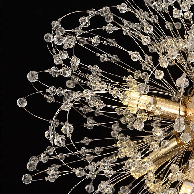 Firework Crystal Chandeliers, 8-Light Dandelion Gold Chandelier for Dining Room, Sputnik Small Chandeliers Light Fixture for Bedroom, Living Room, Kitchen, Restaurant