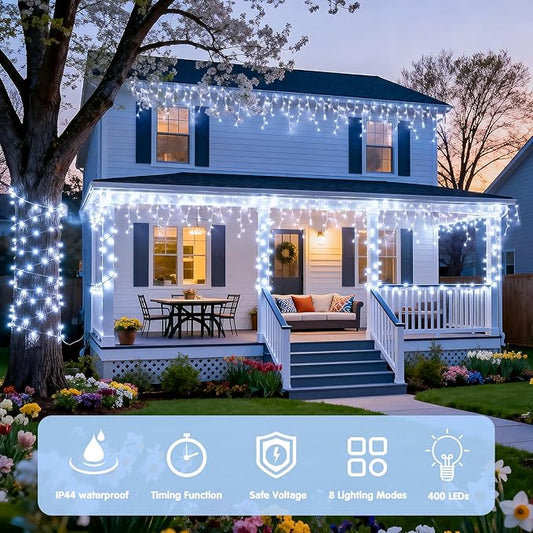 JMEXSUSS 400 LED White Christmas Icicle Lights, 38.8ft Connectable Icicle Lights for Outside Outdoor Indoor Plug in, String Light for House Patio Party Room Holiday Christmas Decorations