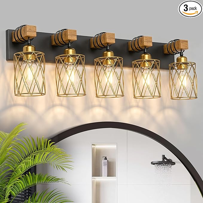IZORRO Farmhouse Bathroom Vanity Light, 5-Light Wood Bathroom Light Fixtures Over Mirror, Black and Gold Industrial Vanity Lights with Metal Shade, Rustic Restroom Lighting Fixtures
