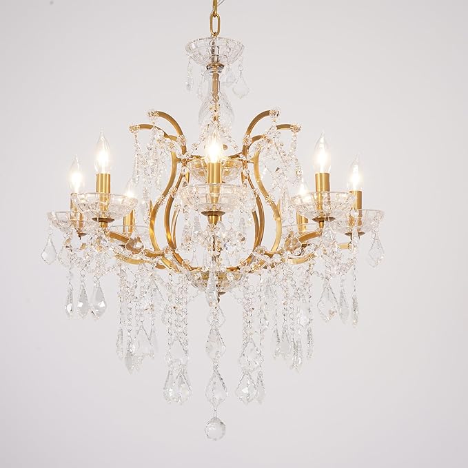 8-Light Crystal Chandelier Gold Finish Modern Luxury Antique Flush Mount Chandelier with Crystal Drops Prisms Beads, Elegant Dining Room Living Room Entryway Foyer Ceiling Light Fixture