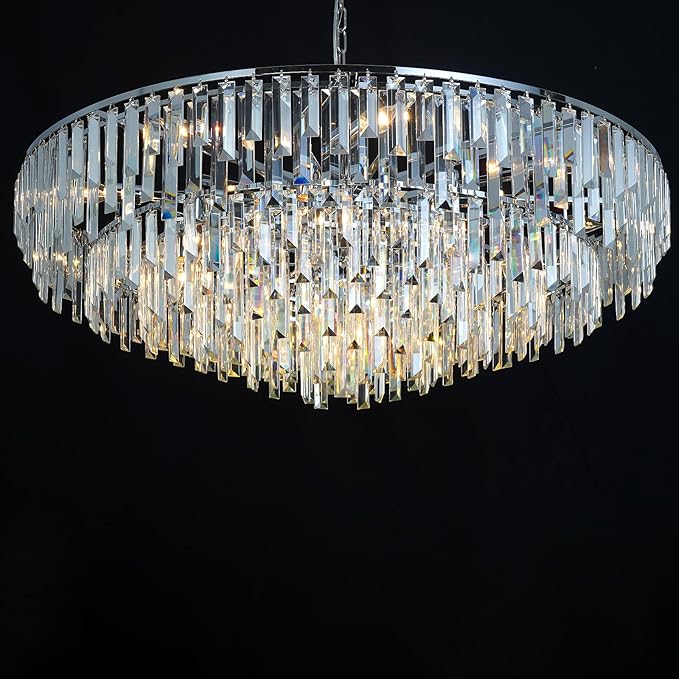 Modern Chrome Crystal Chandelier, 17 Lights 7-Tier Round Luxury Top K9 Crystal Chandeliers Large Ceiling Pendant Light Fixture for Dining Room Living Room Bedroom Foyer