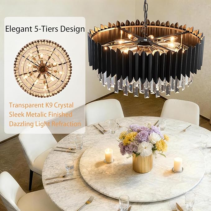 Black Crystal Chandelier 23.62'' K9 Crystal Round Pendant Lights Adjustable 5-Tier Large Modern Crystal Chandelier for Dining Room Living Room Kitchen Island Bedroom Foyer Entryway