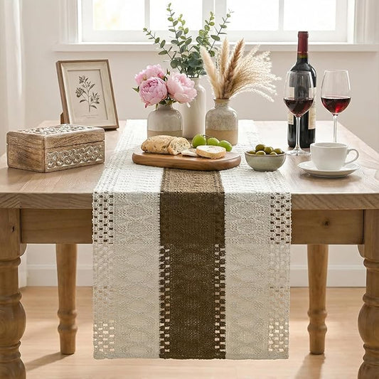 Artoid Mode Light Coffee Farmhouse Rustic Table Runner, Seasonal Holiday Hollow Kitchen Dining Table Decoration for Home Party Decor 12x120 Inch