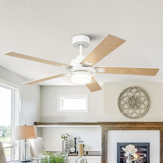 52" White Ceiling Fan with Lights & Remote -Farmhouse Ceiling Fan for Bedroom with High Airflow,Quiet DC Motor 6-Speed Indoor/Outdoor