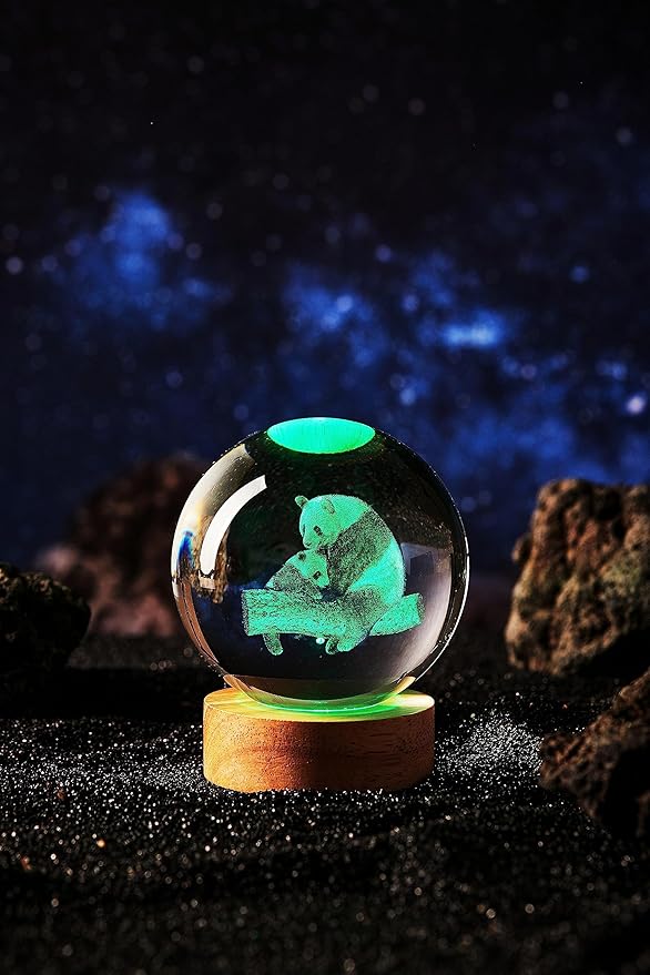 Crystal Ball Panda Family Night Light, 3.15 Inch K9 Crystal Glass Ball, 16 Color Change with Remote Control, Wooden Base Table Lamp, Birthday &