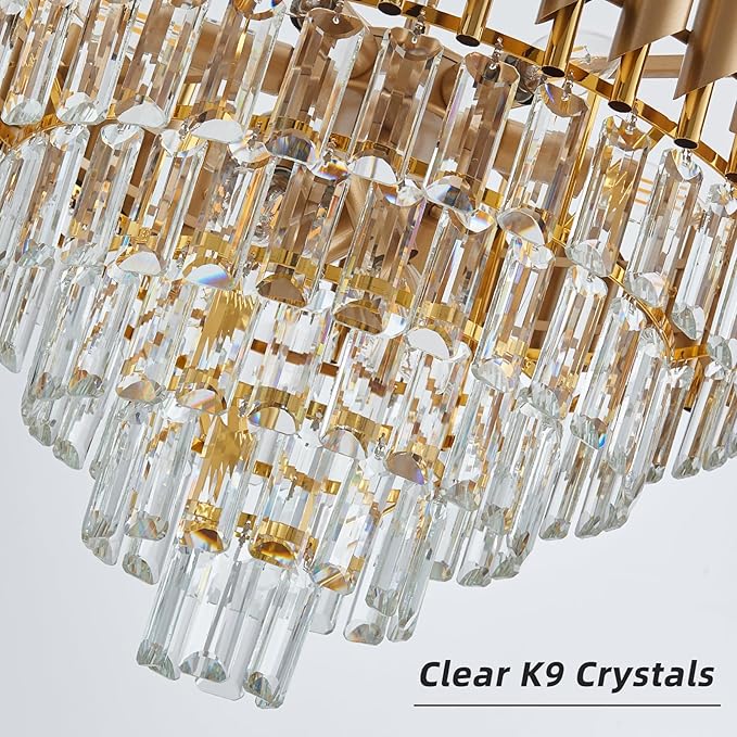 Gold Crystal Chandelier 24" Modern Living Room Chandeliers, K9 Crystal Ceiling Lights Fixtures, Round 5 Tiers Pendant Lighting Large Chandelier for Entryway Dining Room Staircase