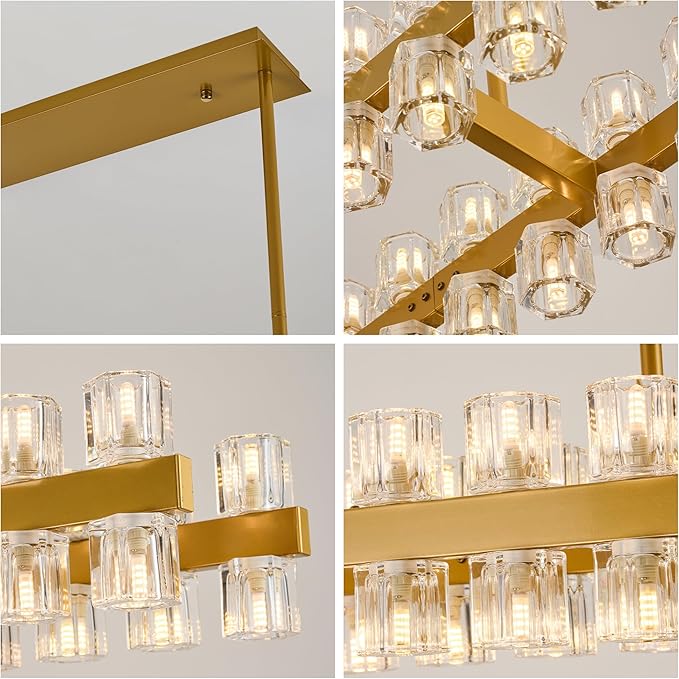 54 Inch Gold Crystal Linear Chandelier, Modern Large Rectangle 60-Lights Pendant Lighting Fixture Adjustable Height, for High Ceilings Kitchen Island, Over Table Dining Room