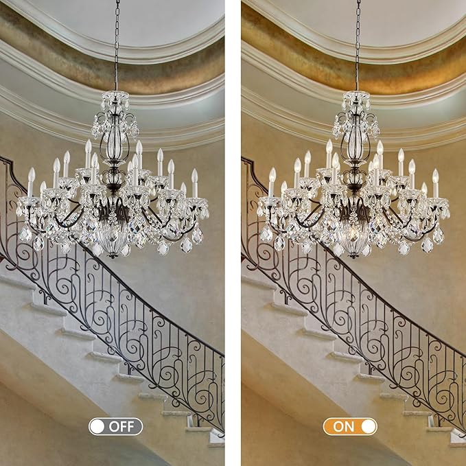 Vintage 2 Layers Crystal Chandelier for High Ceilings, 18-Light Brown Chandelier, Pendant Ceiling Light Fixture for Living Room Hallway Lobby Foyer Entrance Hotel Banquet Hall, Dia 37"