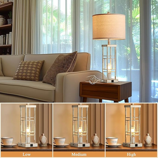 Reaketon Table Lamp for Living Room Set of 2 with USB C+A & Bulbs, 3-Way Dimmable 27.6" Farmhouse End Lamps, Rustic Bedside Lamp for End Tables, Industrial Nightstand Lamps for Bedroom