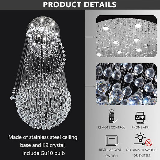 D32'' x H100'' Crystal Chandelier for Entryway High Ceiling Chandeliers Glam Chandelier Modern Large Raindrop Chandeliers LED Dimmable Light Fixtures for Staircaes Foyer Living Room