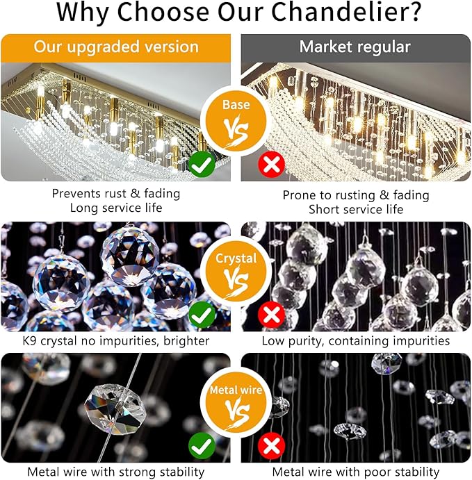 Modern Chandelier Crystal Chandelier Flush Mount Chandelier Gold Rectangle Crystal Raindrop Chandelier 8 Lights Ceiling Light Fixture Pendant Lamp for Kitchen Island Dining Room Closet Wedding Decor