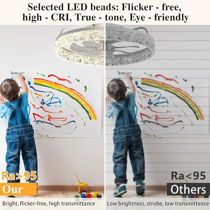 Ceiling Fans with Lights and Remote Fandelier - 20'' Flush Mount Crystal & White Low Profile Modern Ceiling Fans for Bedroom - Stepless Color Temperature and 6 Speeds
