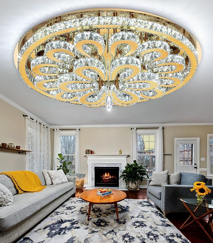 40'' Modern Chandeliers for Living Room Crystal Large Chandelier Ceiling Light Fixture LED Dimmable with Remote Pendant Lighting Flush Mount Lighting for Dining Room Bedroom Gold