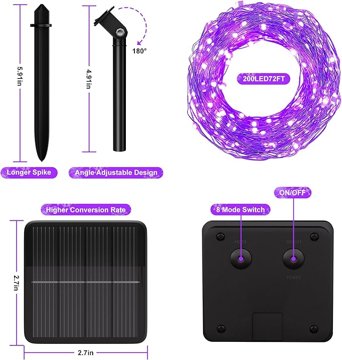 Selarlyt Solar String Lights for Outside, 72Ft 200 LED Solar Fairy Lights with 8 Modes, Solar Powered Fairy Lights Waterproof for Waterproof for Christmas Tree Garden Party Wedding Decor.(Purple)