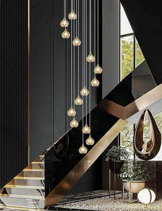 Weesalife Crystal Chandeliers for Staircases, 14-Light Gold Modern Chandeliers for High Ceilings,Crystal Pendant Light Fixture for Living Room Kitchen Island Foyer Hallway Bar