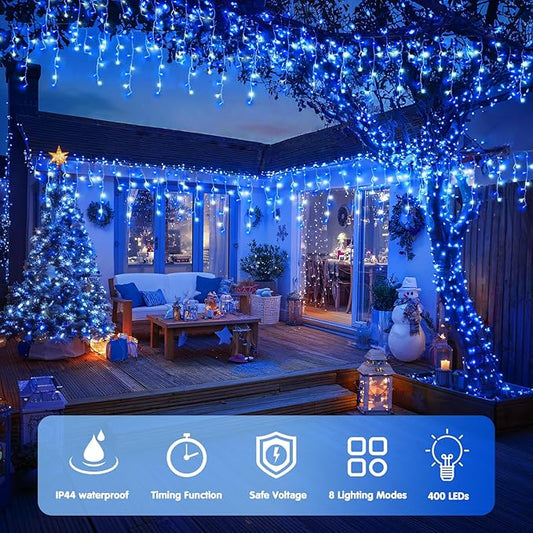 JMEXSUSS Blue&White Icicle Lights - 38.8FT 400 LED Icicle String Lights with Remote for Indoor/Outdoor, House, Bedroom, Fireplace, Birthday, Christmas Decorations