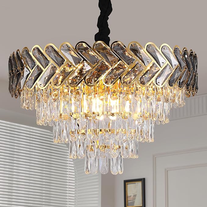 Modern Crystal Chandelier Gold,24" Round Crystals Chandeliers for Dining Room Top K9 Adjustable Ceiling Light Fixture 5-Tier Crystal Pendant Lamp 9-Light for Living Room Foyer Staircase