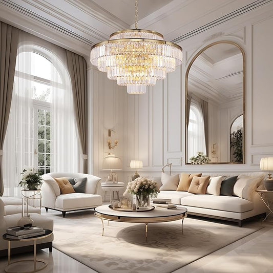 Gold Modern Crystal Chandeliers Large Chandelier 6-Tier Hanging Raindrop Pendant Light Fixture for Dining Room Bedroom Living Room Dia 31 Inch