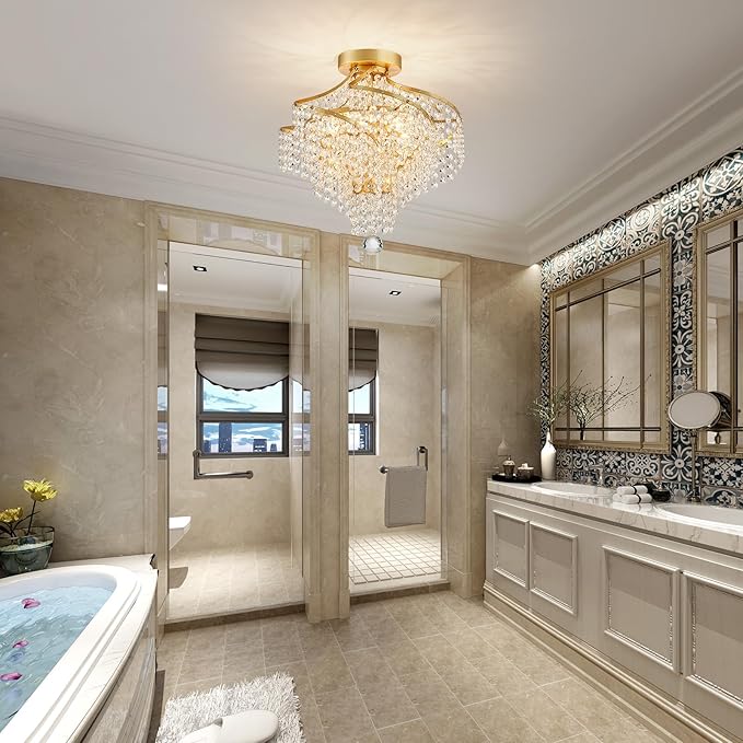 WUZUPS Crystal Chandelier Semi Flushmount Ceiling Light Modern Lighting Fixture for Bedroom Hallway Bar Kitchen Bathroom, H 14.7" x W 14.7", Gold, G9 Base