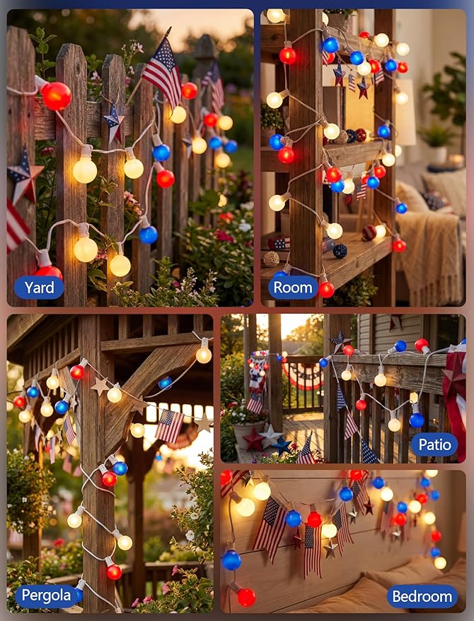 SUNSGNE Red White Blue 4th of July Patriotic Decorative Lights 50FT Outdoor String Lights with 27 G40 LED Bulbs(2 Spare) for Outdoor Indoor Holiday, Party, Independence Day Decor