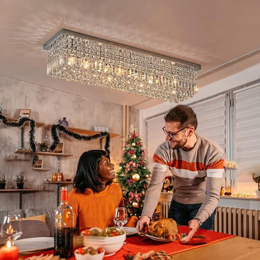 7PM Rectangular Chandelier, Modern Dining Room Light Fixture with Luxury K9 Raindrop Chandelier Crystals, 6 Lights Flush Mount Rectangle Chandelier for Kitchen, Living Room, L31.5'' x W10'' x H10''