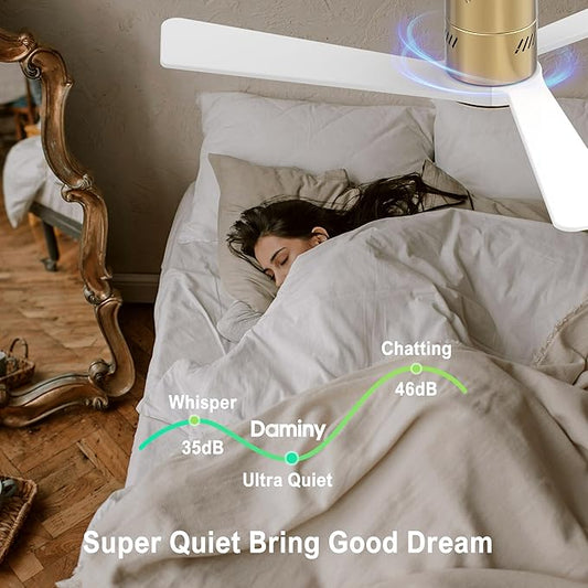 DAMINY Natural Solid Wood White and Gold 52 inch Ceiling Fan with Light,3 Blades,6CCT,Low Profile Ceiling Fan with Light and Remote Control, APP Control,Flush Mount