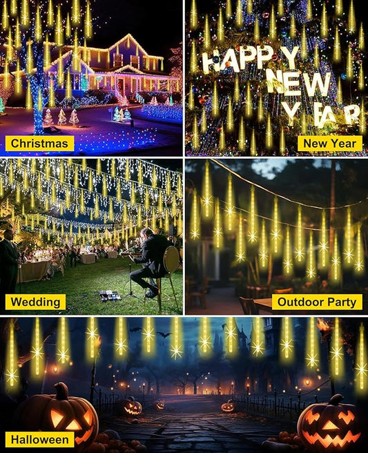 EAGWELL Outdoor Christmas Lights 16 Inch 20 Tubes Meteor Shower, Warm White Falling Rain Drop Icicle String Lights, Cascading Snow Effect Waterproof Xmas Decor for Tree Wedding Party Garden Holiday