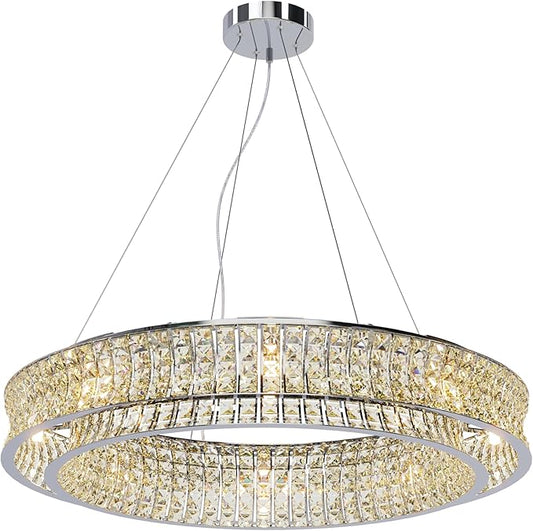 Modern Crystal Chandelier Round 16-Light Contemporary Hanging Ceiling Light Fixture Chrome Finish with Clear Rectangular Crystals Dining Room Living Room Bedroom Entryway Lighting Easy Install 31.5''
