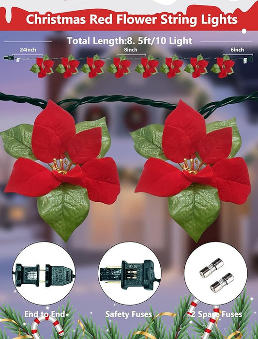 8.5FT Christmas LED Flower String Lights, Christmas Decorations Lights Outdoor with 10 LED Red and Green Flowers Bulbs, Plug in Flower Fairy Light for Valentines Wedding Garden Porch Floral Decor