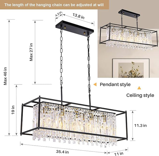 Crystal Chandeliers for Dining Room, Modern Black Chandelier for Living Room, Adjustable Height, 5-Light Pendant Light Fixture, Rectangle Lighting for Kitchen Island Living Room-L35.4"