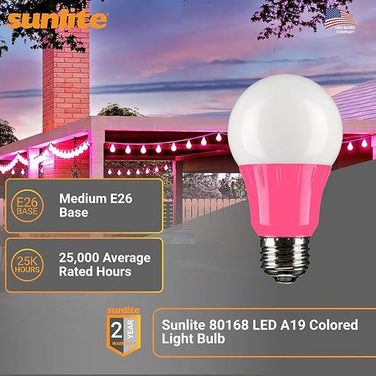 Sunlite 80168 LED A19 Colored Light Bulb, 3 Watts (25w Equivalent), E26 Medium Base, Non-Dimmable, UL Listed, Party Decoration, Holiday Lighting, 1 Count, Pink