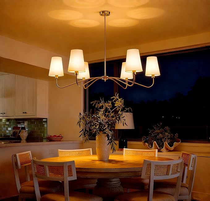47'' Brushed Gold Chandelier with Shades, Oversized 6-Light Modern Chandelier for Living Room, Large Dining Room Light Fixture, Adjustable Brass Classic Pendant Light Fixture for Kitchen E12 Base