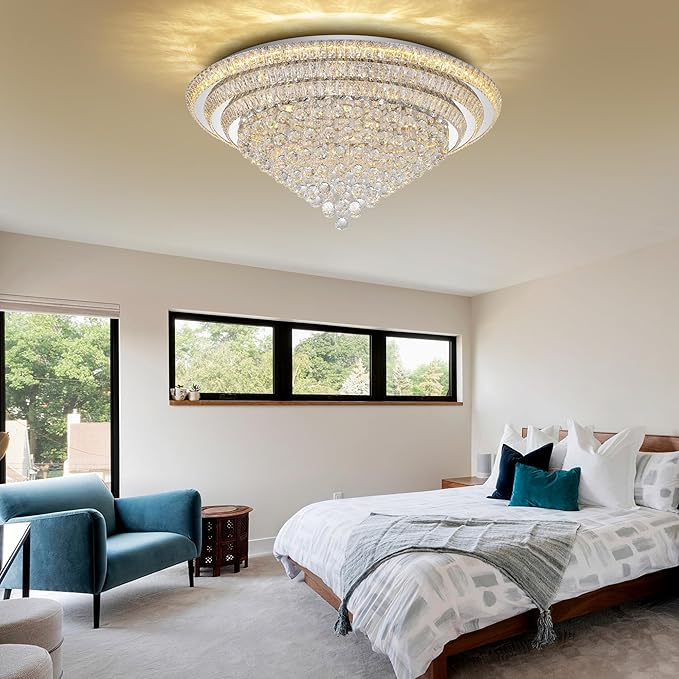 Miuyhji 40“ Elegant LED Crystal Raindrop Ceiling Light, Flush Mount Chandelier Light Fixture with Remote Control for Living Room Kitchen Island Bedroom Hallway Entryway Foyer(Dimmable)