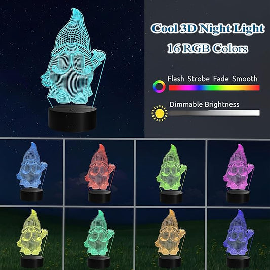 Gnome Night Light, Gnome Gifts, 3D Illusion Lamp with Remote Control, 16 RGB Colors, 4 Flashing Modes, Timer, Dimmable, Gnome Stuff for Decor for Holiday Birthday Christmas