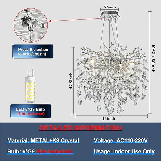Modern Crystal Tree Branches Chandelier, 18in Silver 6 Lights Large Ceiling Hanging Light for Dining Room, Round Raindrop Pendant Light Fixture