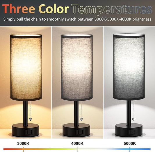 Fenmzee Black Bedside Table Lamps Set of 2-3 Color Temperatures Pull Chain Lamp with AC Outlet Charging Port, Round Night Stand Lamps for Bedroom Office, Small Bed Side Light with E26 LED Bulbs