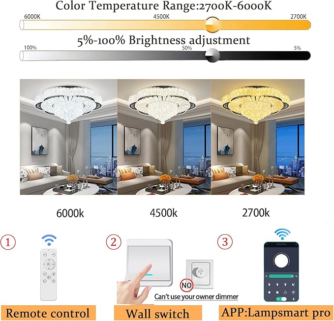 Modern Crystal Chandelier for Living Room Black 24in Crystal Raindrop Ceiling Light for Room Bedroom LED Dimmable 2700-6000K