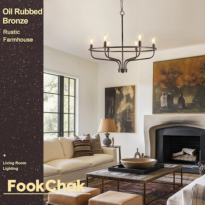 6-Light Farmhouse Oil Rubbed Bronze Chandelier Dining Room Light Fixture Metal Candle Chandeliers for Bedroom Hanging Lighting for Kitchen Living Room Entryway Foyer, 28.54in