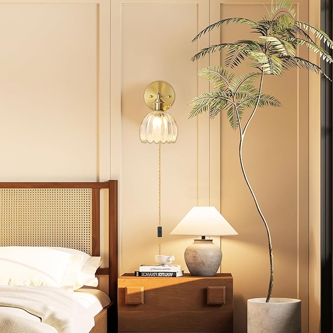 Plug in Wall Sconce, Vintage Sconce Light with Tulip Transparent Glass Lampshade, Bedside Wall Sconce with Switch and Plug in Wall Lamp Cord, Gold Wall Light for Bedroom