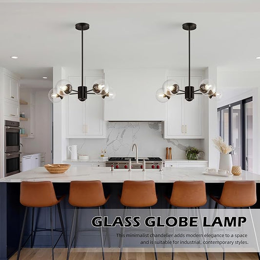 Bagood 5-Light Globe Sputnik Chandelier Black Mid Century Sputnik Chandeliers Dimmable Globe Pendant Light Matte Black Finished with Clear Glass Lampshade Chandeliers for Dining Room