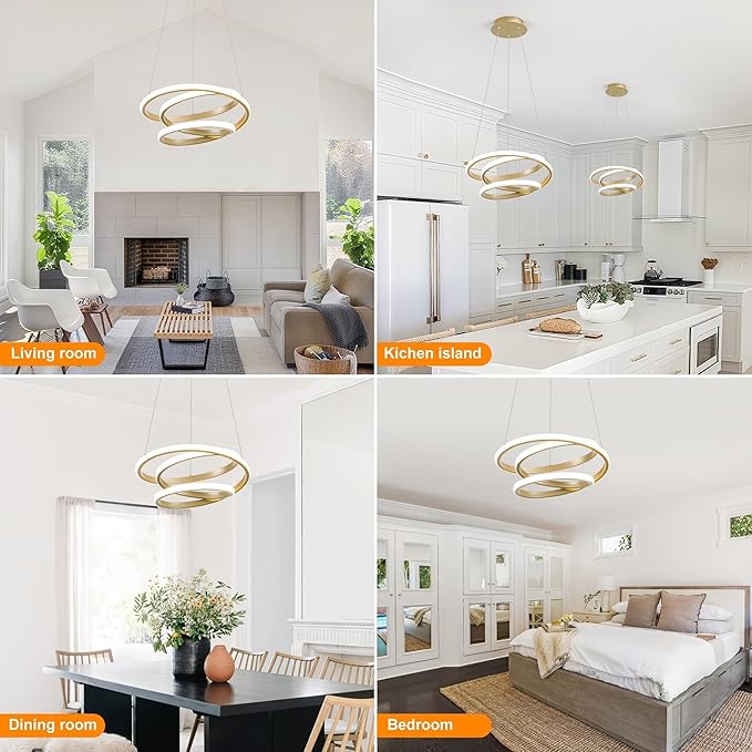 Mayful Modern Chandelier with Remote Control, 3-Color Dimmable LED Pendant Light Fixtures, Height Adjustable Kitchen Island Lighting for Dining Room,Bedroom,Living Room,Foyer,Office Gold 13.78 inches