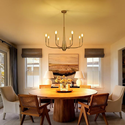 ACNKTZ Gold Chandeliers for Dining Room, 8-Light Modern Farmhouse Metal Chandelier, Brushed Brass Vintage Candle Lighting Hanging Ceiling for Kitchen Island Living Room Foyer Bedroom