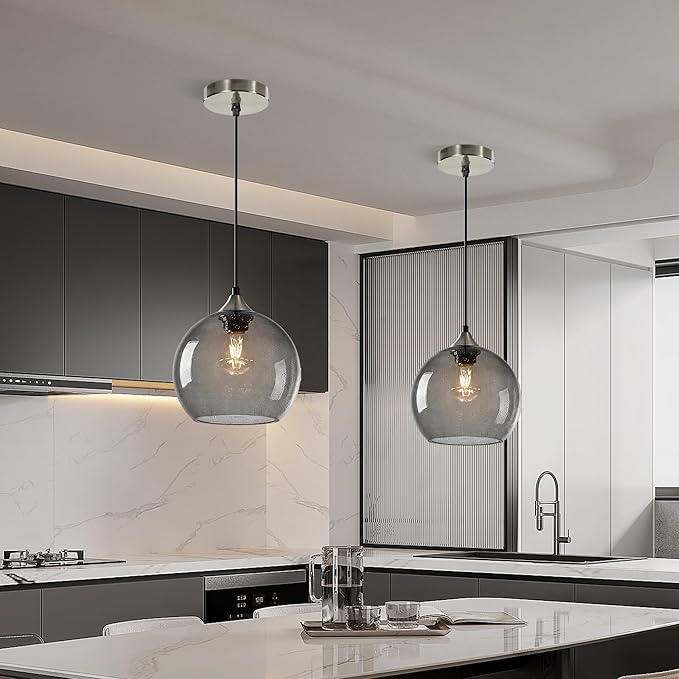 Large Light Grey Glass Pendant Light for Kitchen Island, Includes 1 Bulb & 4.92FT Adjustable Cord, Modern Pendant Lighting Fixtures for Kitchen, Dining Room, Living Room(9.1in)