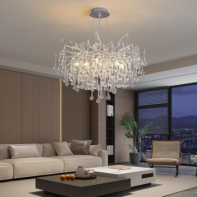 Modern Crystal Raindrop Chandelier, Silver Round Art Deco Tree Branch Lighting Fixture for Dining Room Living Room Foyer 8 Lights D23.7''