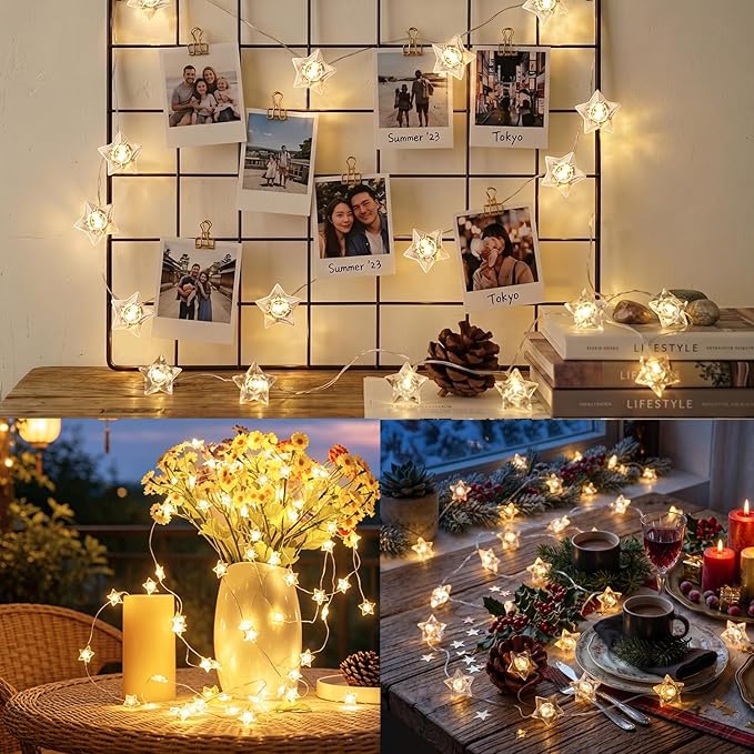 BOHON Star Fairy Lights Battery Operated, 13 FT 40 LED String Lights for Bedroom, Warm White Star Garland Twinkle Lights for Indoor Dorm Classroom Curtain Cute Room Wedding Decor, with Timer
