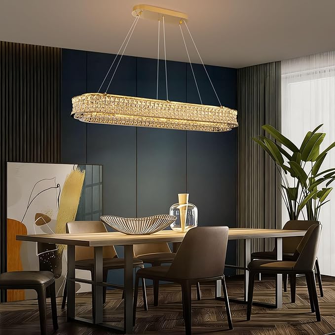 47" LED Rectangle Gold Crystal Chandeliers for Dining Room, Luxury, Rectangular Modern Crystal Oval Kitchen Chandelier, Dimmable LED with Remote, for Dining Room, Kitchen Island