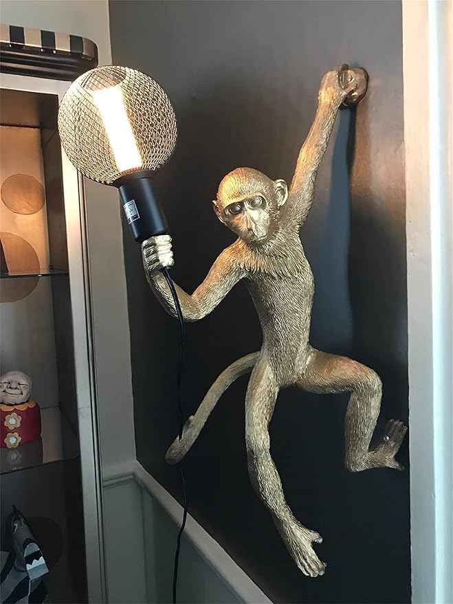 Modern Resin Monkey Wall Lamp Table Lamp Hemp Rope Pendant Light Vintage for Home Decor Dining Living Room Bedroom Entryway (Gold, Wall)