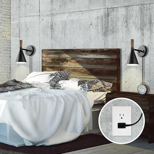 Globe Electric Plug-in or Hardwire Wall Sconce, Matte Black, Wood-Tone Switch, Metal Shade, 6-Foot Cord, 65000101