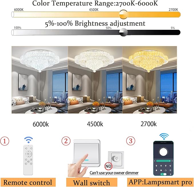 Modern Empire Crystal Chandelier Silver 24inches Crystal Raindrop Ceiling Light for Living Room Bedroom LED Infinity Dimmable 3000-6000K