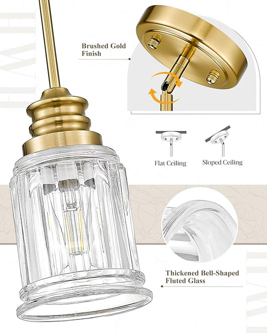 HWH Modern Hanging Pendant Lights, Brushed Gold Pendant Light with Bell-Shaped Fluted Clear Glass, Hanging Light Fixture Adjustable for Kitchen, 5HZG106MIL-L BG